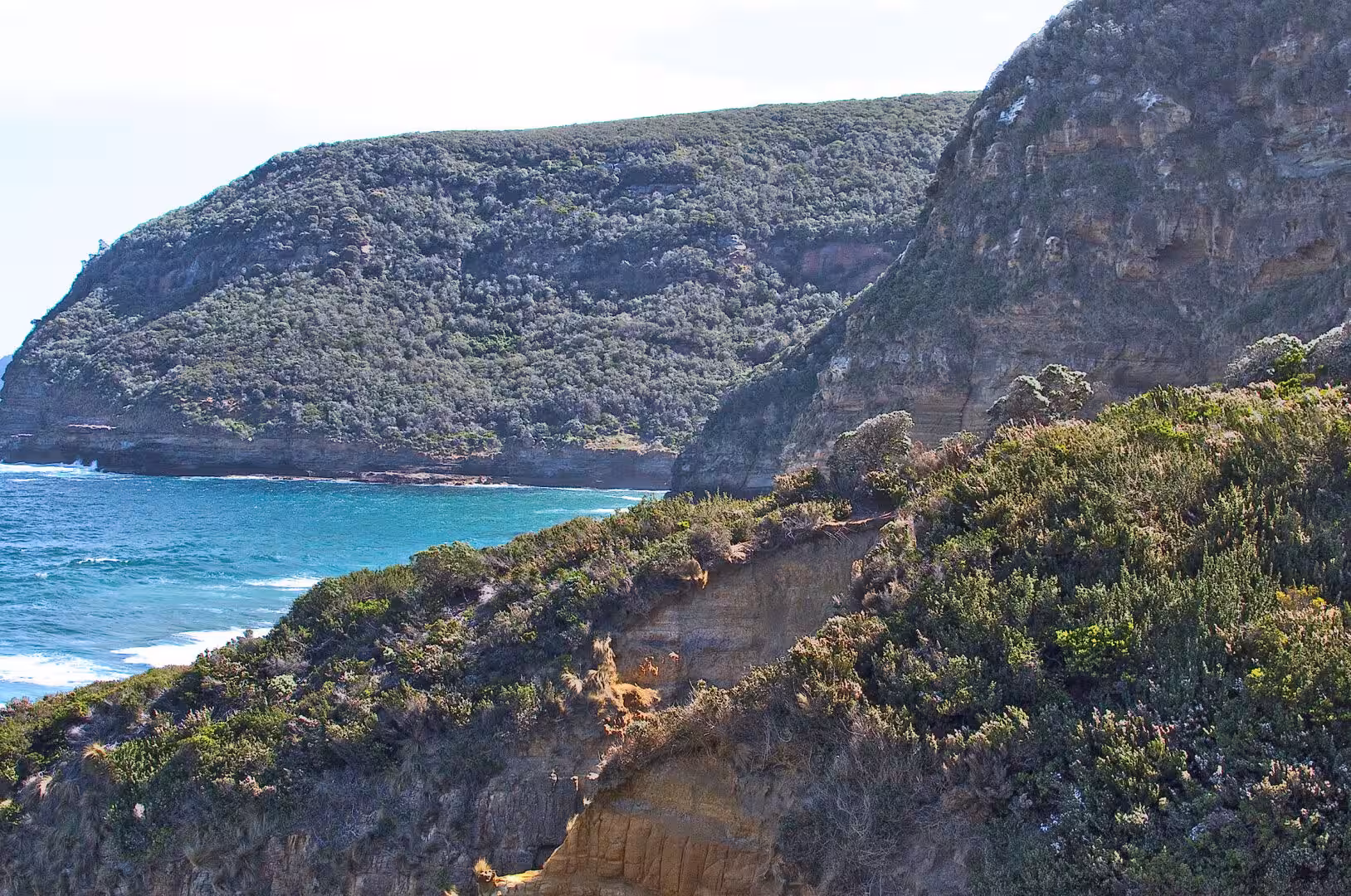 Towering green cliffs drop into a quiet turquoise cove.