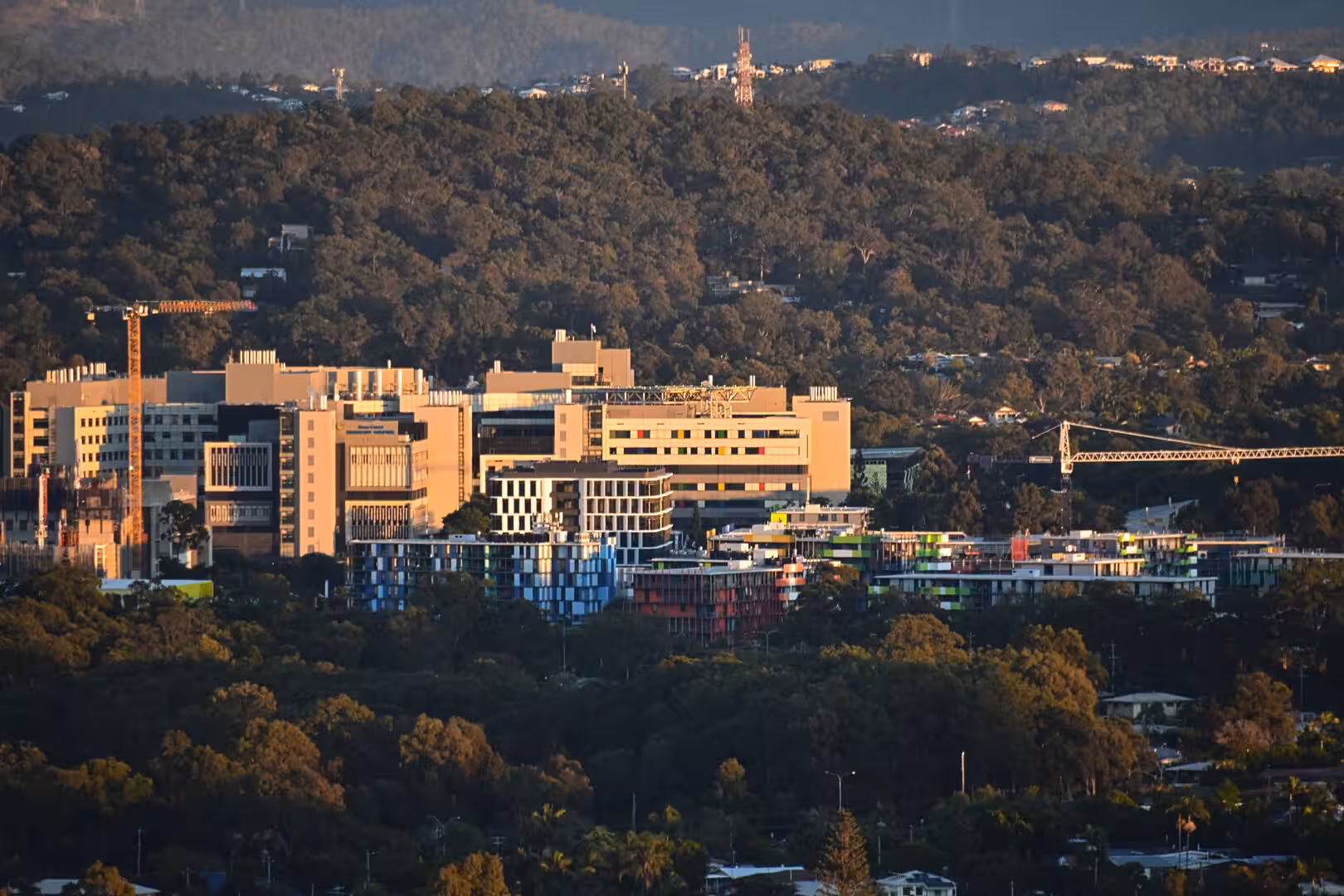 A large modern hospital campus sits among dense wooded hills in golden evening light.