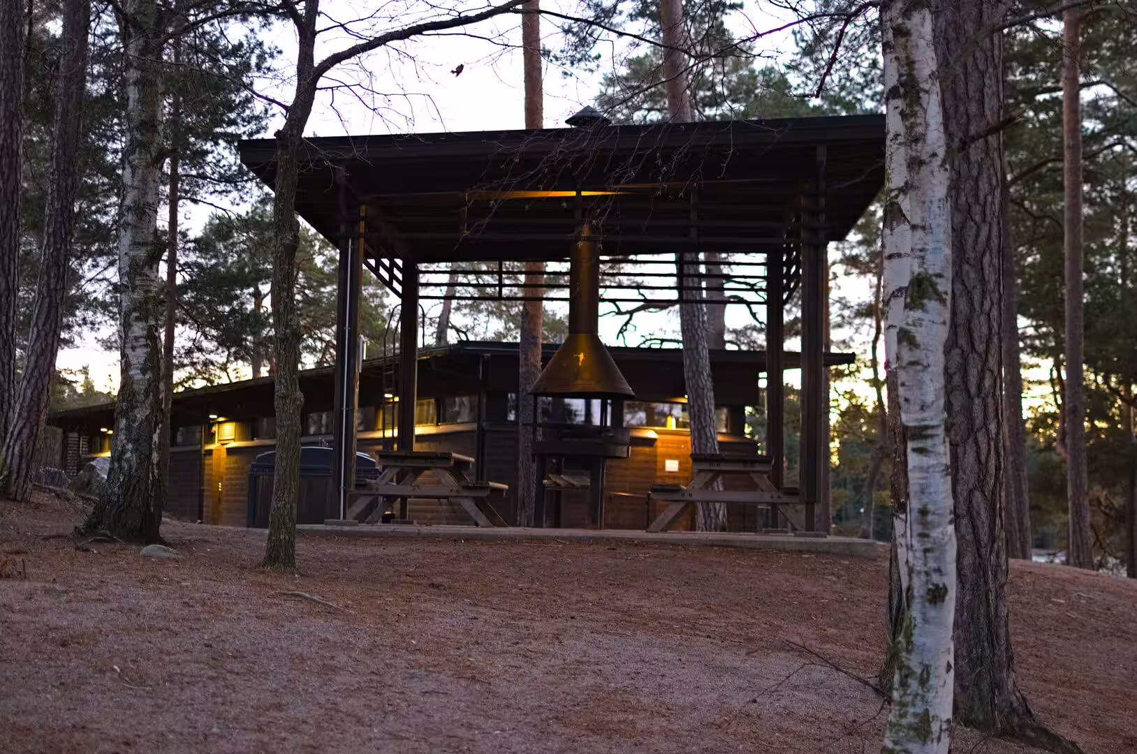 A wooden pavilion shelters a central stone fire pit and picnic tables, lit warmly among pines.