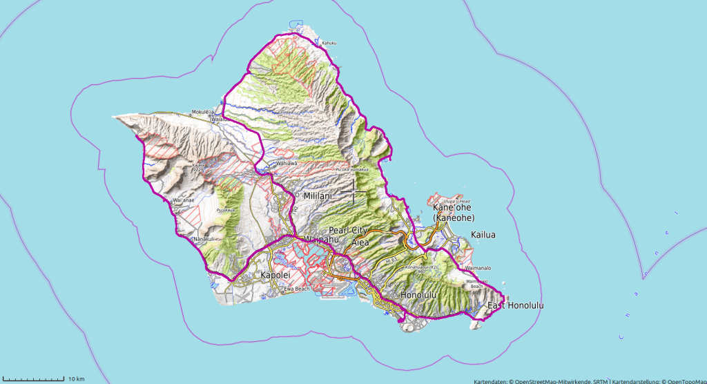 A topographic map of Oʻahu with the route driven on the day's island tour drawn as a single line along the coast past Honolulu, the windward shore, the North Shore and the Waiʻanae coast.
