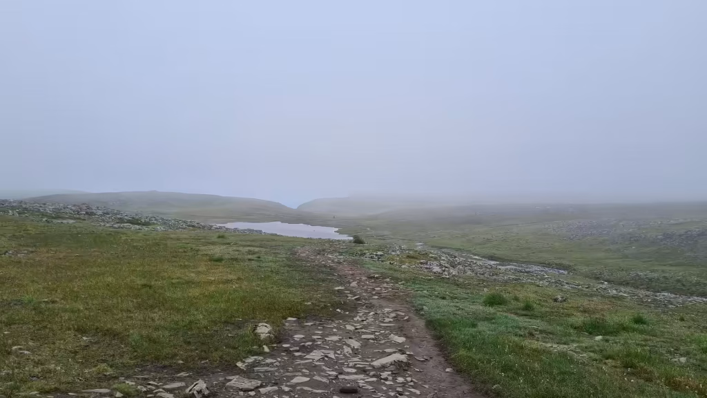 A stony path winds through low green grass past a small pool while distant hills vanish into thick grey fog, at the North Cape in Finnmark, Norway.