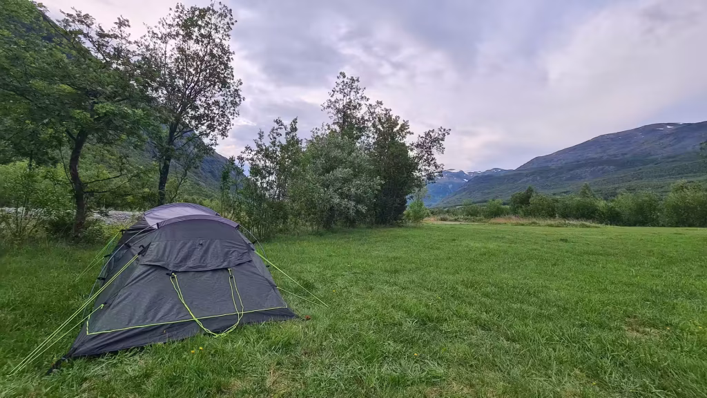 A dark dome tent with bright guy lines stands on a green meadow beside a large tree below green and rocky mountain slopes, at Birtavarre in Troms, Norway.