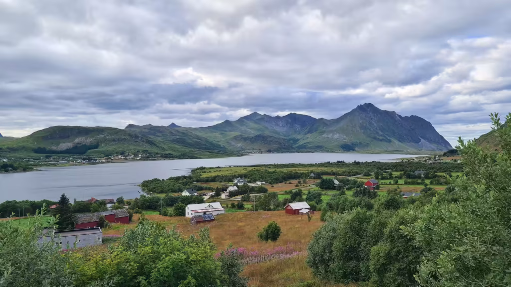 Green fields with small flowers slope past scattered red and white buildings towards calm water and a distant mountain range, at Ramberg on the Lofoten islands, Norway.