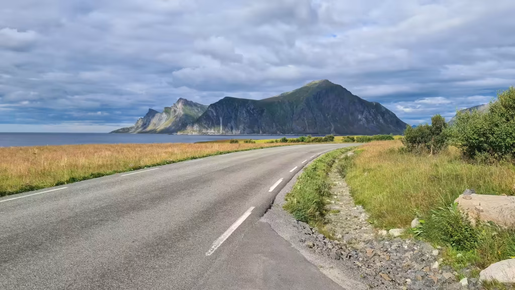 A curving paved road passes a field of tall golden grass beside calm water and a large rocky mountain massif, in the Lofoten islands, Norway.