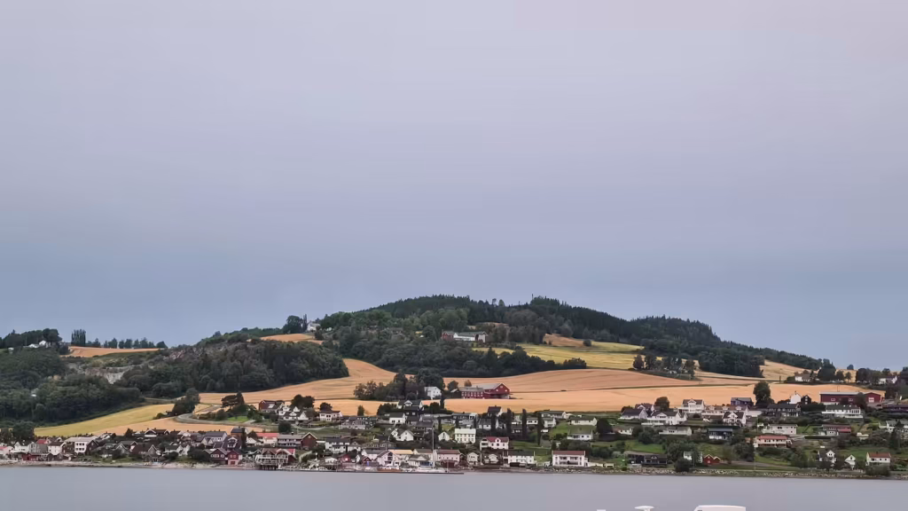 Small houses in red, white and yellow line the shore of a calm grey inlet below a forested hillside, on the Inderoy peninsula in Norway.